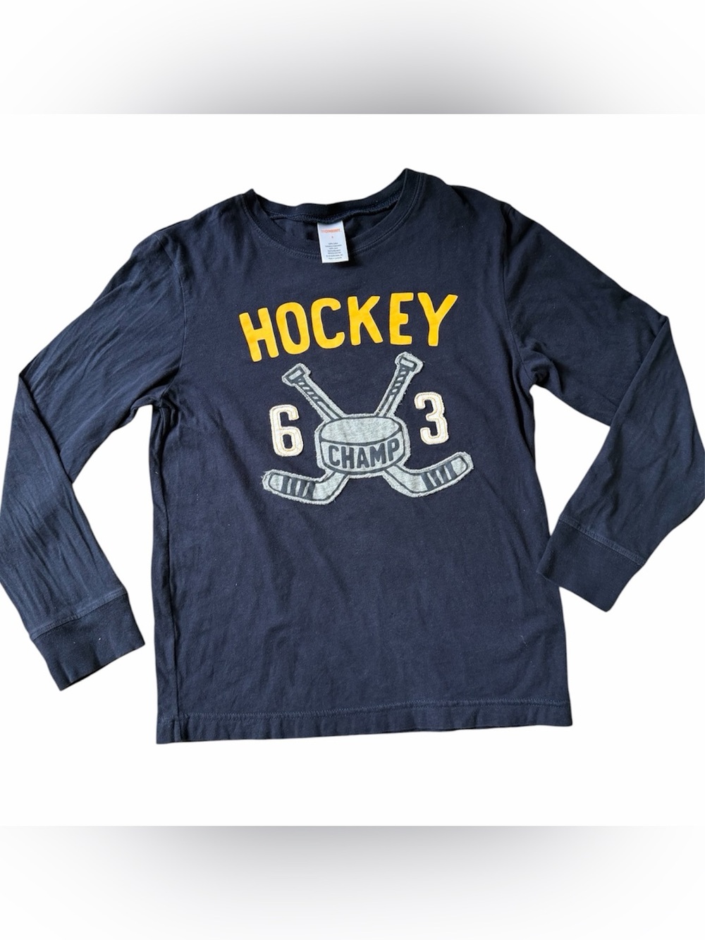 Gymboree Cotton Navy Long Sleeve Tee with Yellow Hockey Graphic Kids Boys Size 8